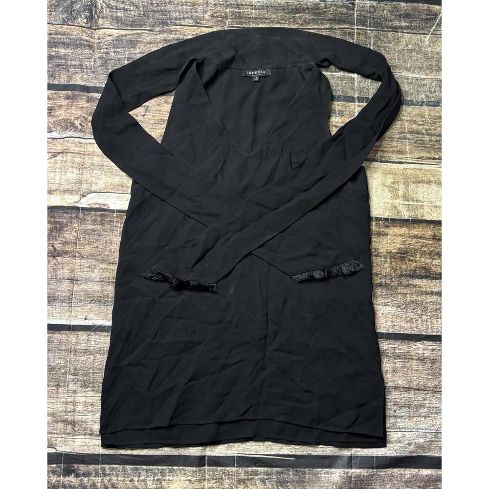 Lafayette 148 New York Silk Top Womens Size 2 Sleeveless Fringe Tie V-Neck Black